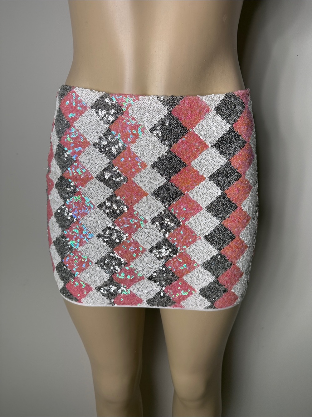 DO+BE Sequin Argyle Mini Skirt - Pink, White & Black